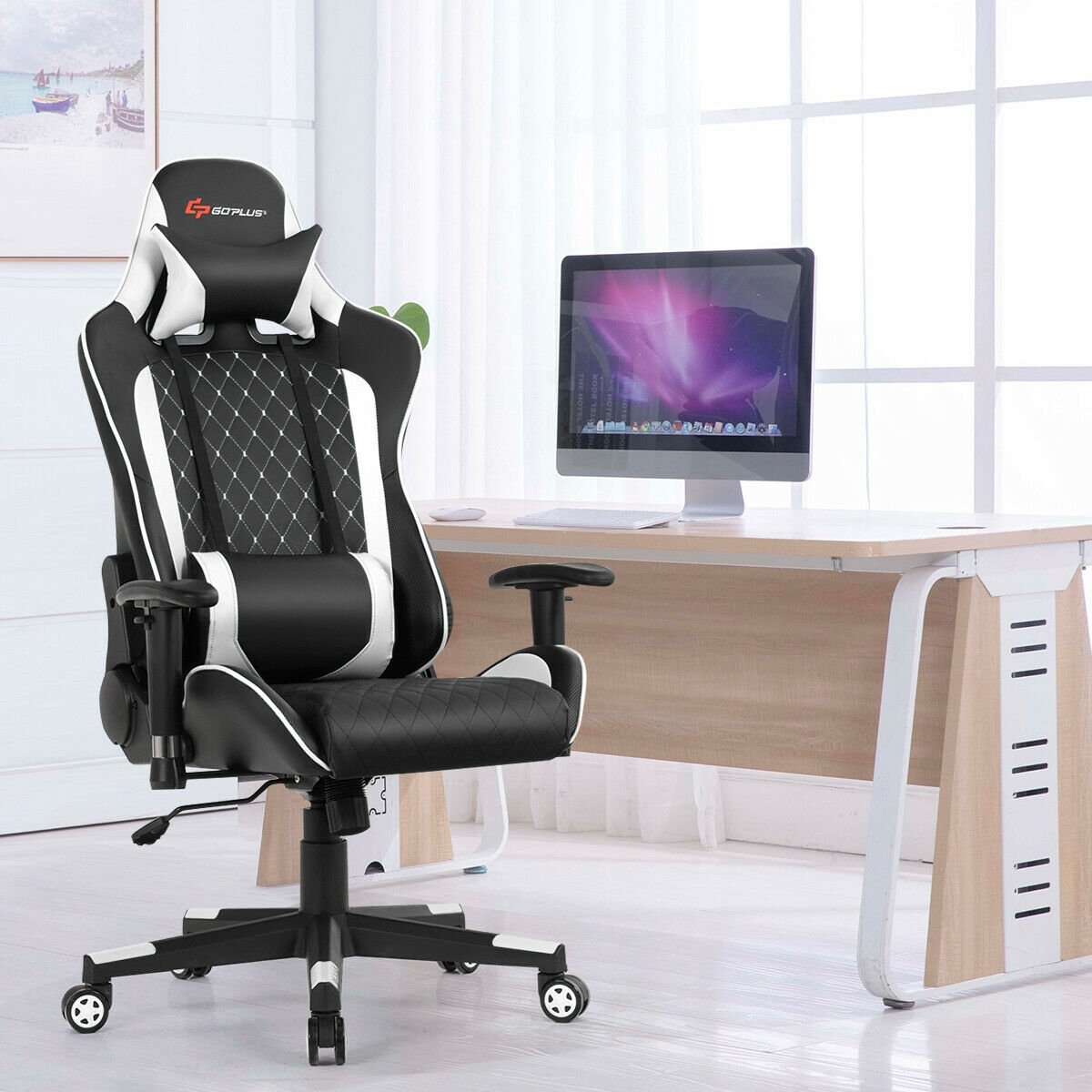 Massage Gaming Chair with Lumbar Support and Headrest-White view 2