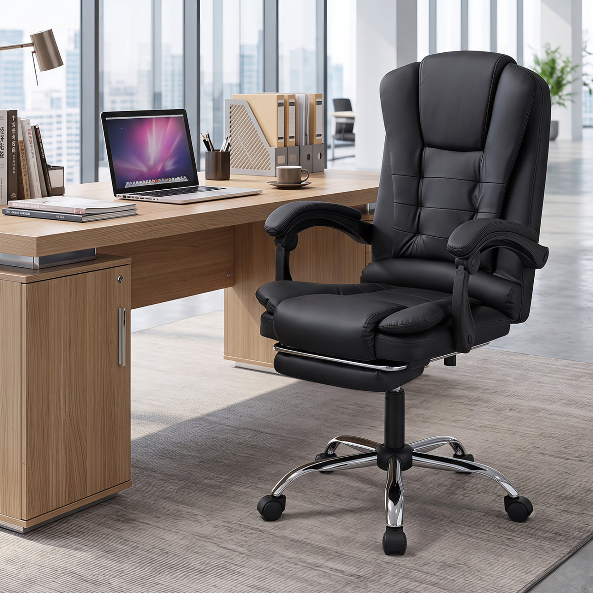 Massage Office Chair with Footrest & Reclining Backrest and Swivel Seat-Black view 3