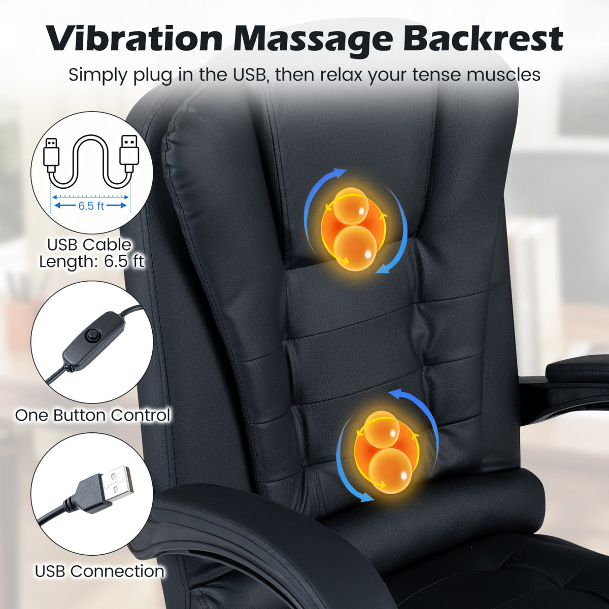 Massage Office Chair with Footrest & Reclining Backrest and Swivel Seat-Black view 5