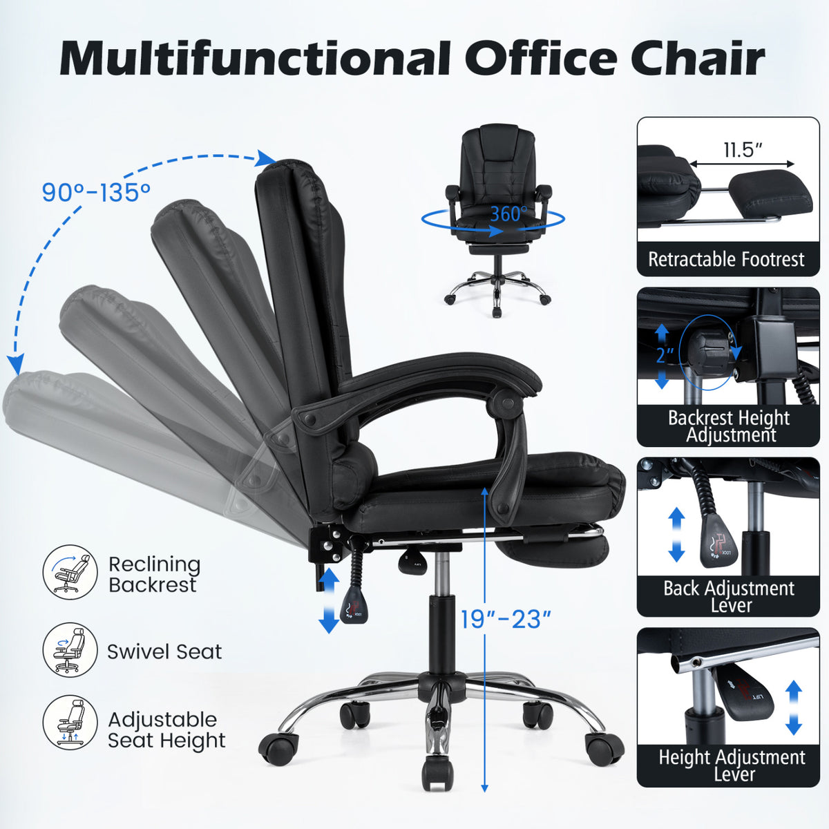 Massage Office Chair with Footrest & Reclining Backrest and Swivel Seat-Black view 7