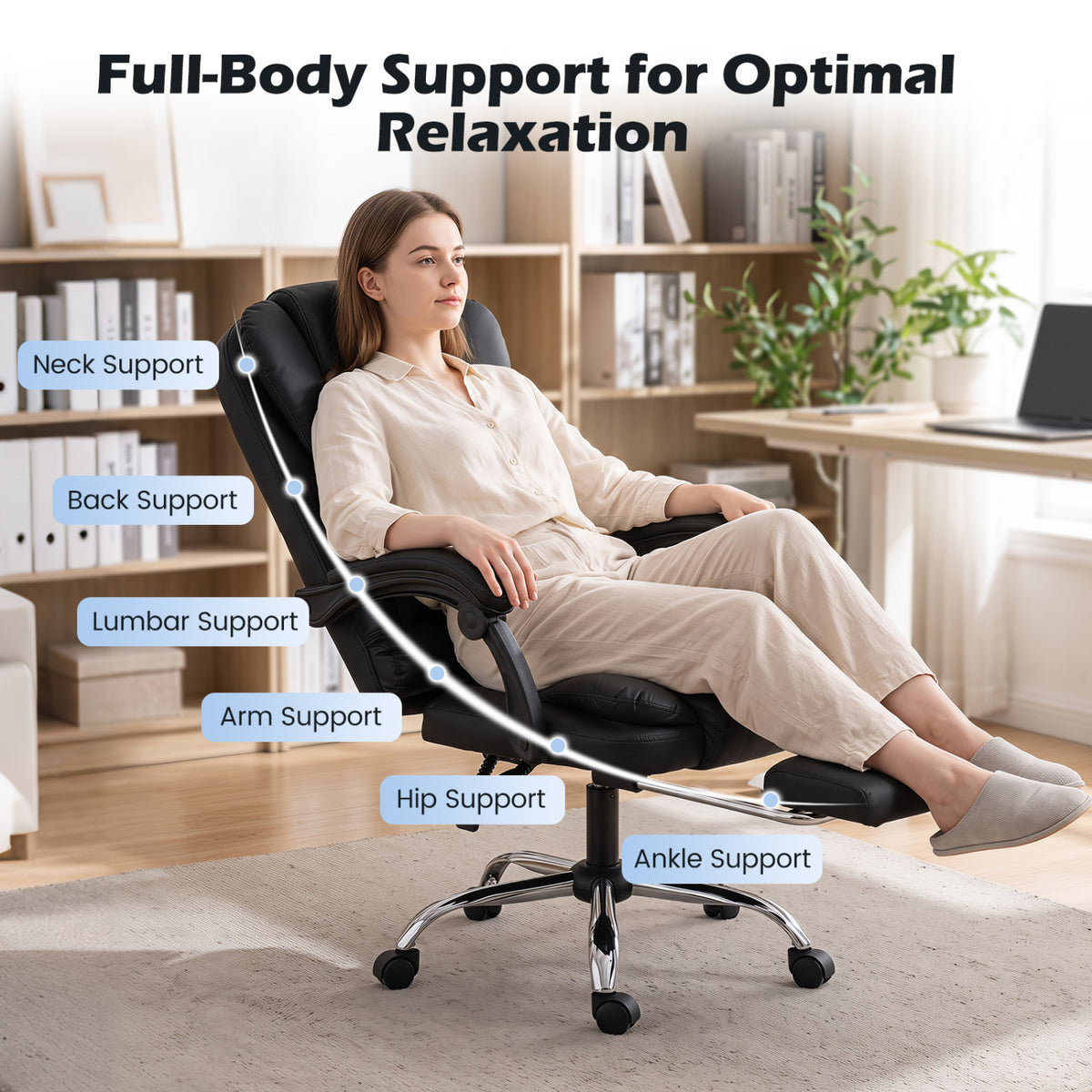 Massage Office Chair with Footrest & Reclining Backrest and Swivel Seat-Black view 9