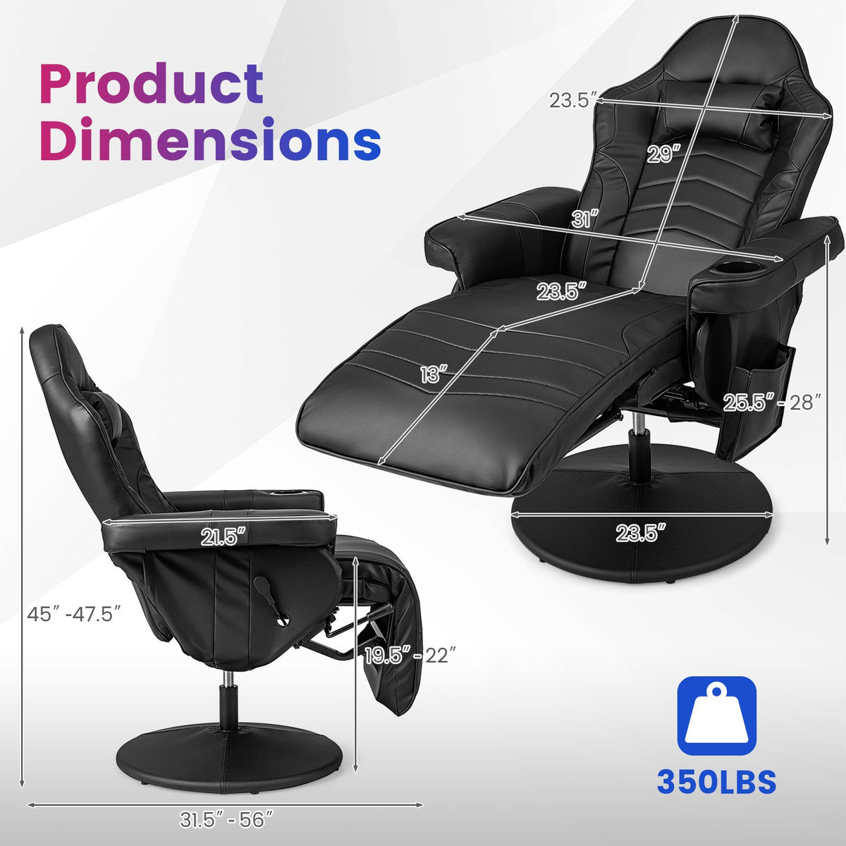 Massage Video Gaming Recliner Chair with Adjustable Height-Black view 5