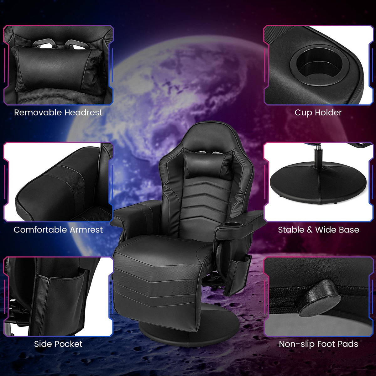 Massage Video Gaming Recliner Chair with Adjustable Height-Black view 6