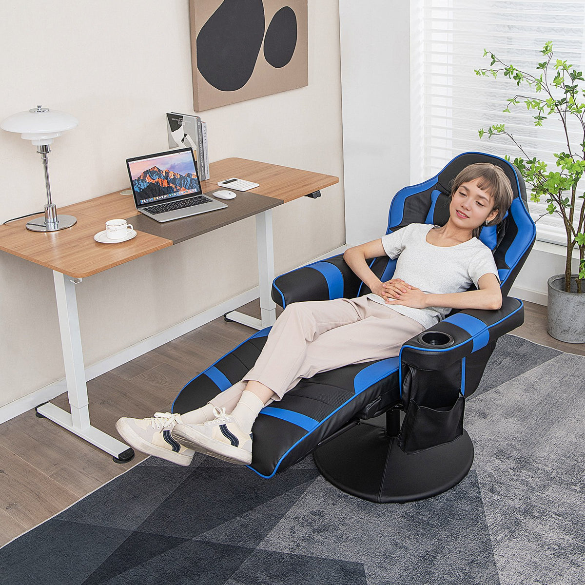 Massage Video Gaming Recliner Chair with Adjustable Height-Blue view 3