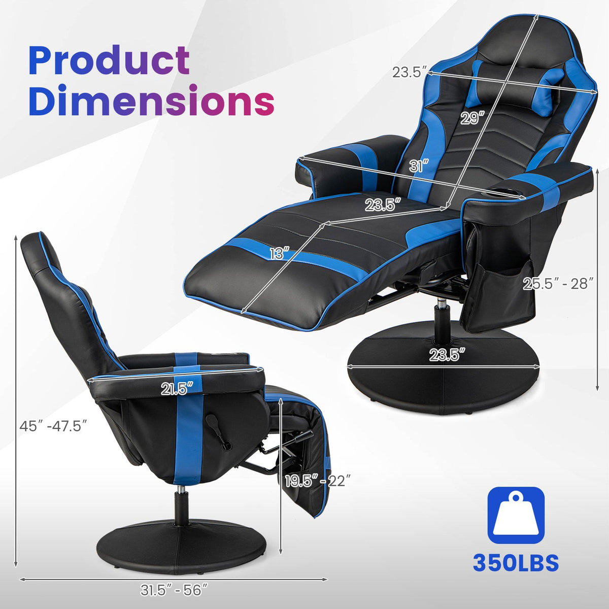 Massage Video Gaming Recliner Chair with Adjustable Height-Blue view 5