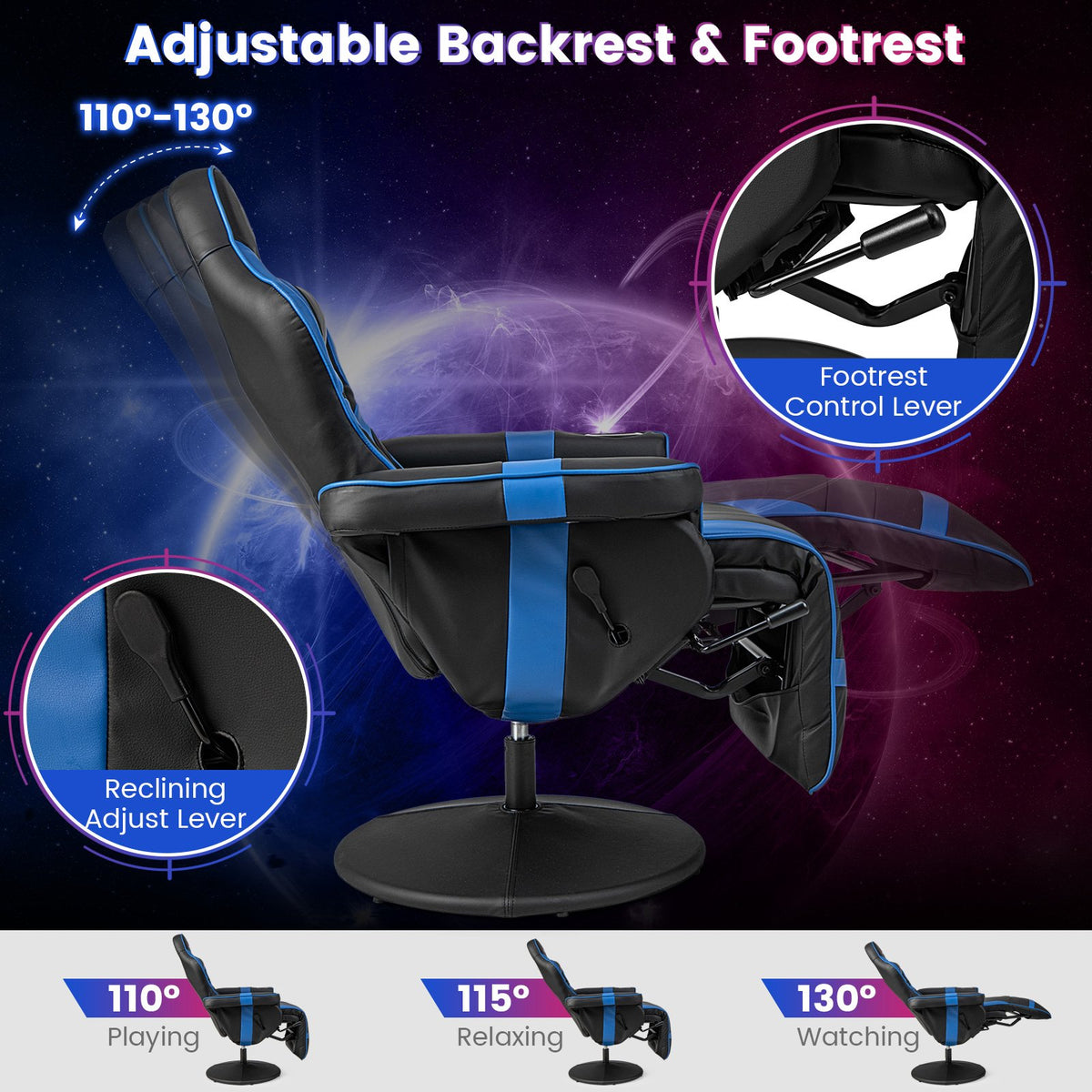 Massage Video Gaming Recliner Chair with Adjustable Height-Blue view 8