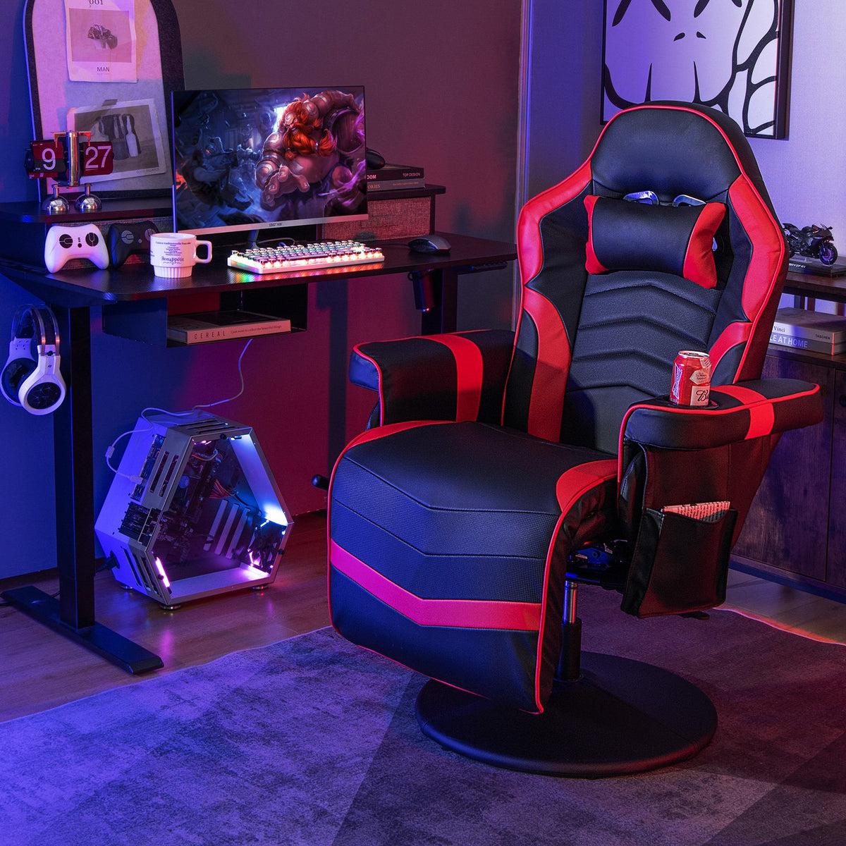 Massage Video Gaming Recliner Chair with Adjustable Height-Red view 2