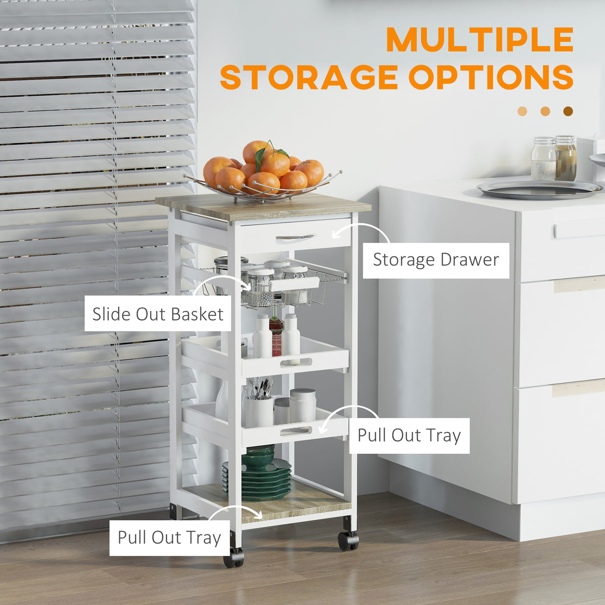 Rolling Kitchen Island Cart, Mobile Utility Storage Cart with Drawer, Wire Storage Basket, Removable Tray – view 10