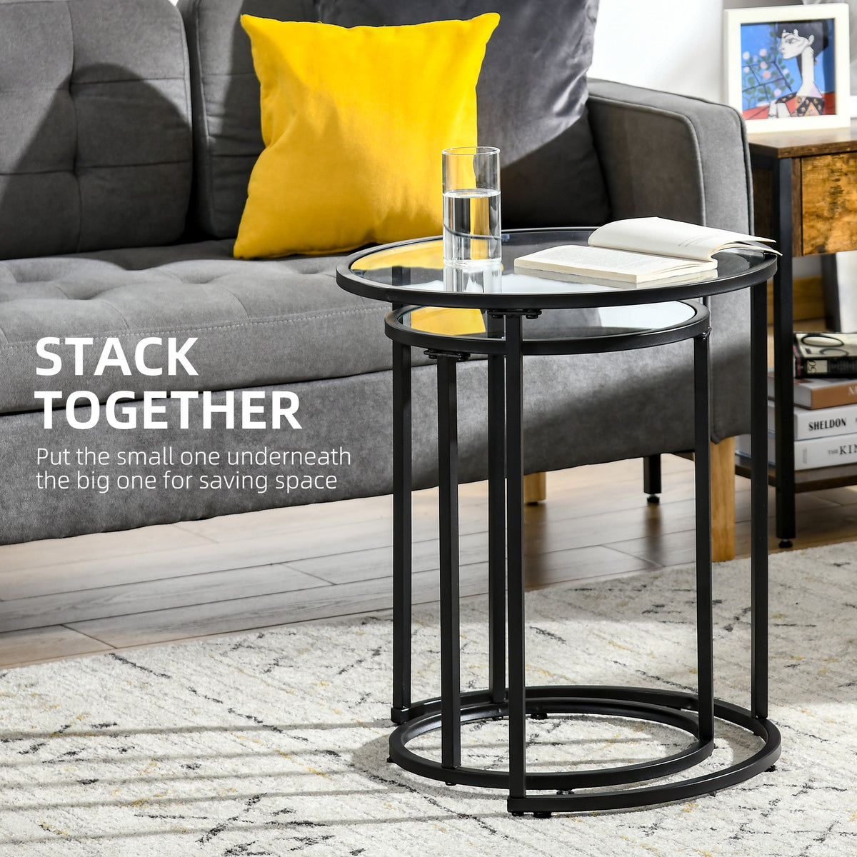 Set of 2 Nesting Coffee Tables with Metal Base, Round Side Table with Tempered Glass Tabletop for Living – view 3