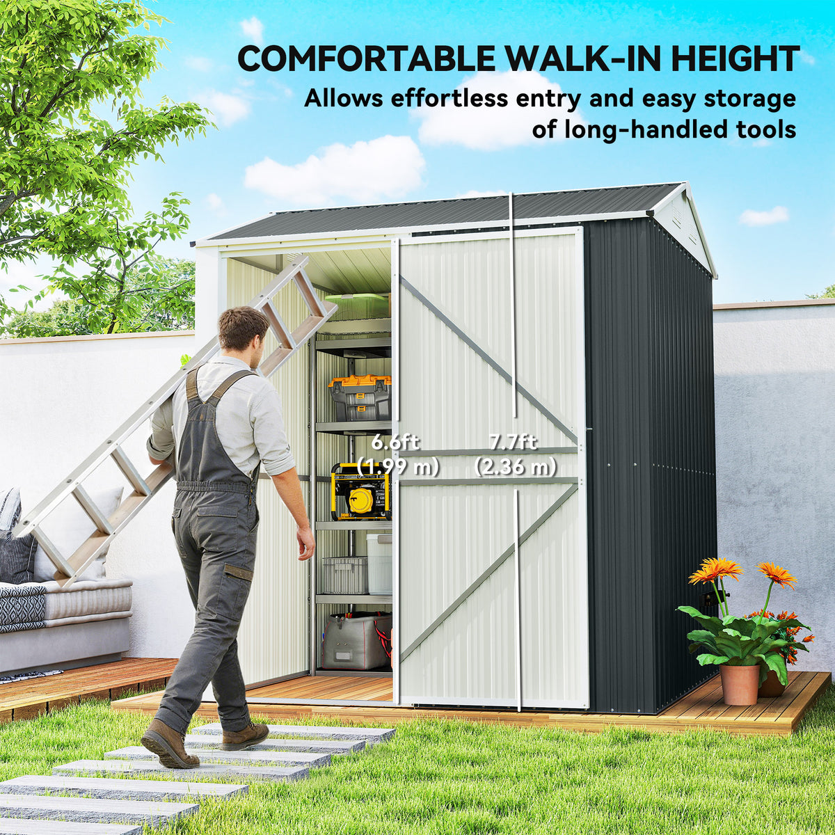 7' x 6' Tall Outdoor Storage Shed, Waterproof Metal Garden Shed with Gloves, Lockable Door, Dark Grey – view 3