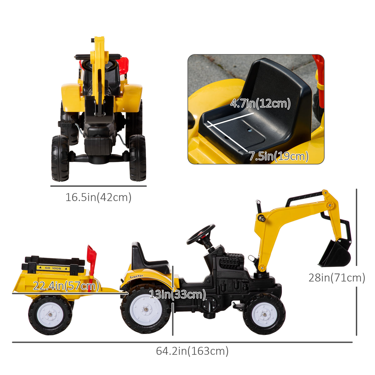 Aosom Ride on Tractor for Kids, Pedal Construction Car with Horn & Detachable Trailer for 3 Years Old, Yellow