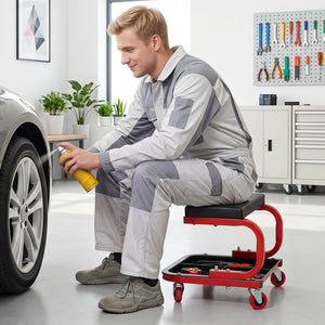Mechanic Rolling Stool with Tool Trays and Magnetic Drawer for Garage-Red view 2