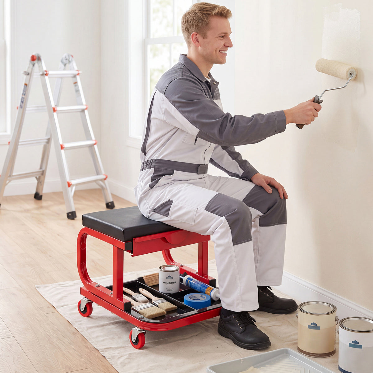 Mechanic Rolling Stool with Tool Trays and Magnetic Drawer for Garage-Red view 3