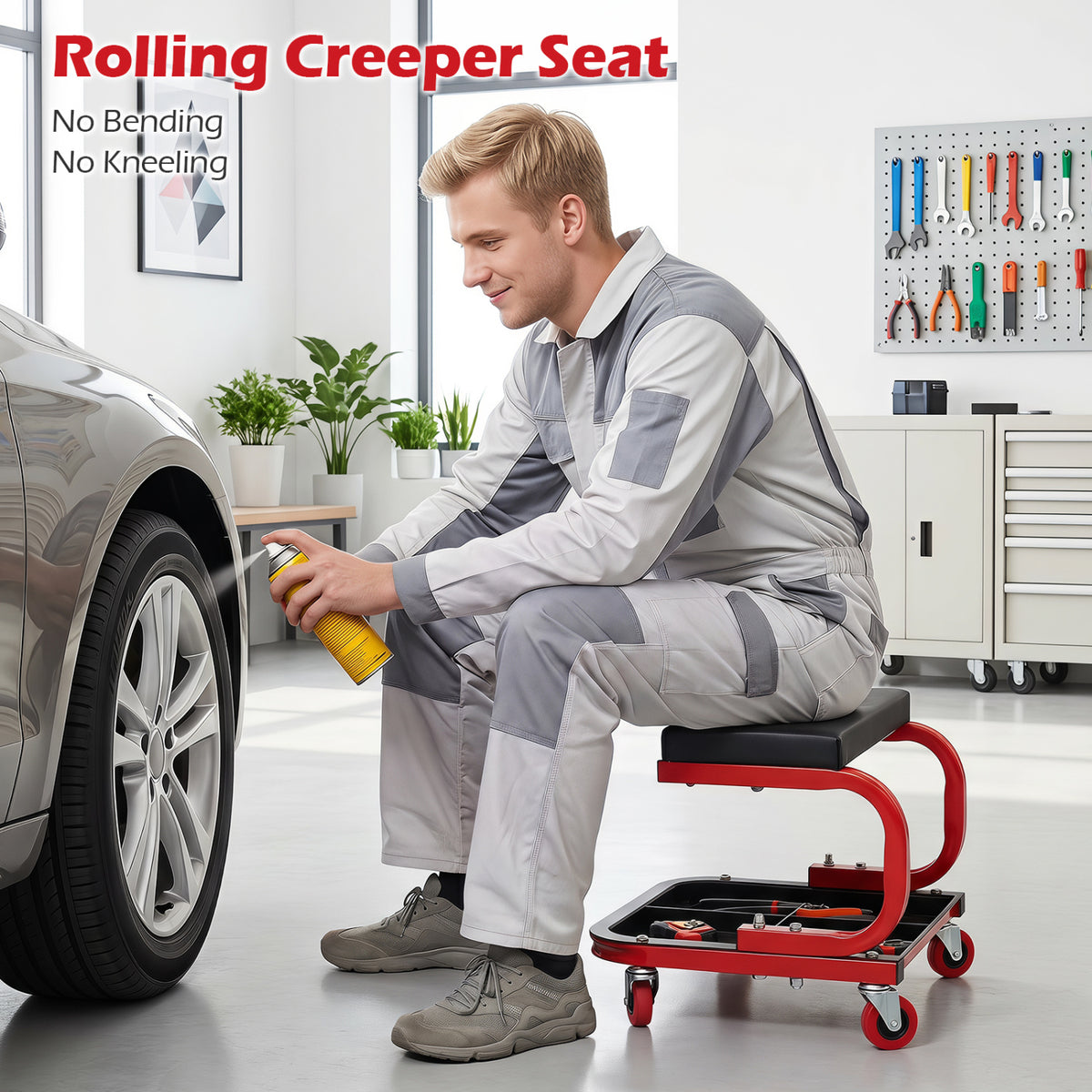 Mechanic Rolling Stool with Tool Trays and Magnetic Drawer for Garage-Red view 6