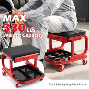 Mechanic Rolling Stool with Tool Trays and Magnetic Drawer for Garage-Red view 7