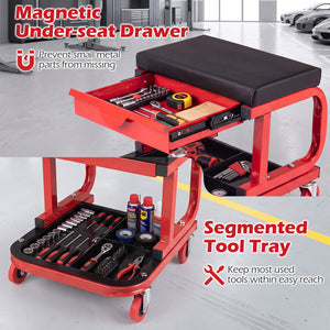 Mechanic Rolling Stool with Tool Trays and Magnetic Drawer for Garage-Red view 9