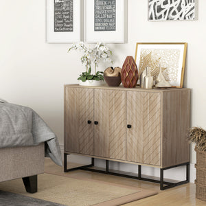 Modern Sideboard, Buffet Cabinet with Adjustable Shelves, 3 Chevron Doors for Living Room, Hallway, Oak Wood Grain