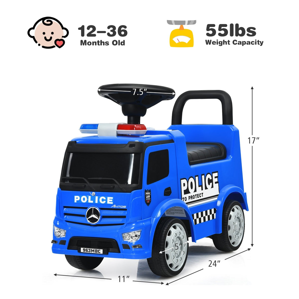 Mercedes Benz Kids Ride On Push Licensed Police Car-Blue view 5