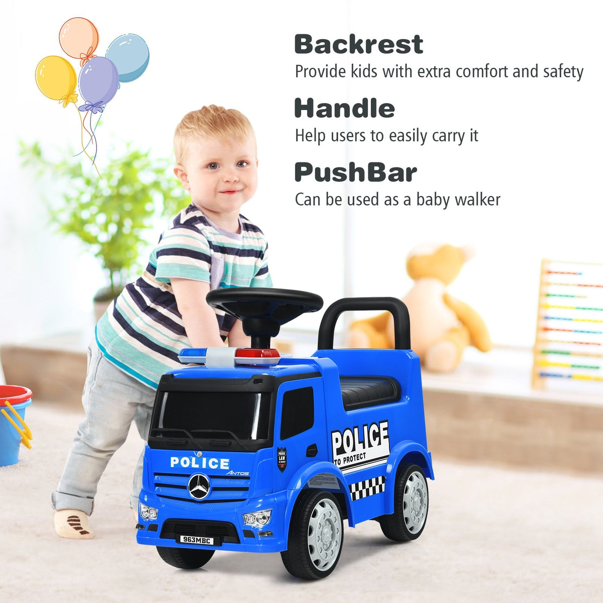 Mercedes Benz Kids Ride On Push Licensed Police Car-Blue view 9