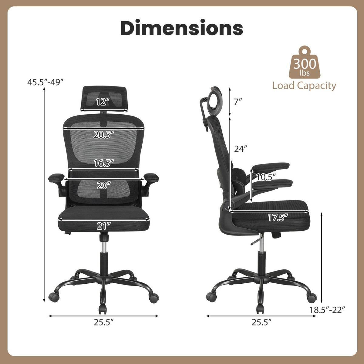 Mesh Office Chair with Adaptive Lumbar Support, Flip-up Armrests, Reclining Backrest-Black view 4