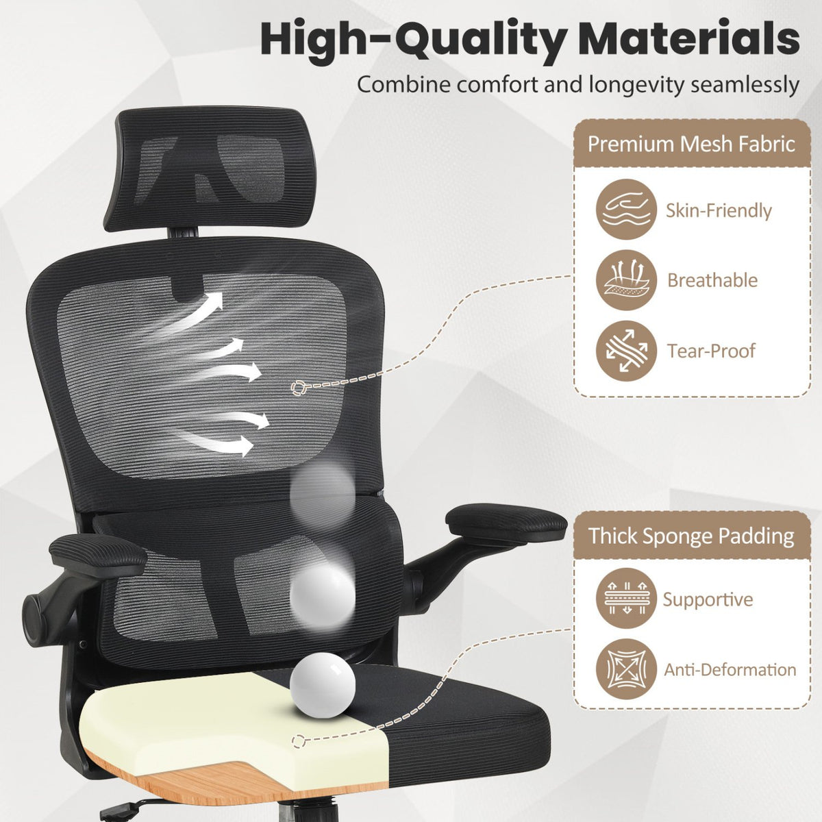 Mesh Office Chair with Adaptive Lumbar Support, Flip-up Armrests, Reclining Backrest-Black view 5