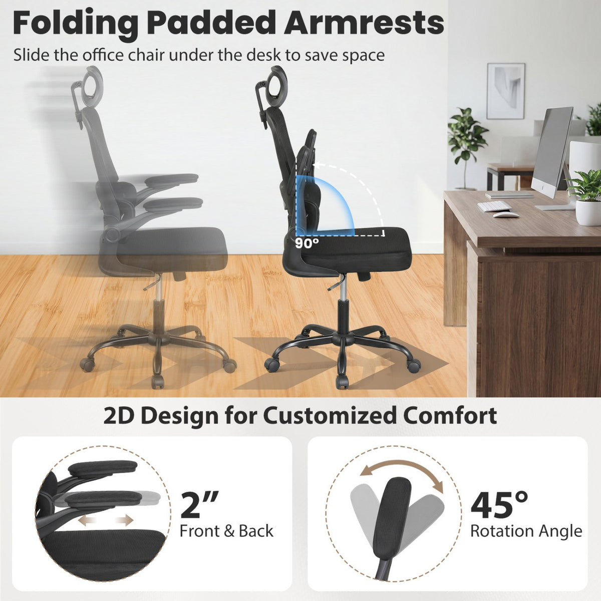 Mesh Office Chair with Adaptive Lumbar Support, Flip-up Armrests, Reclining Backrest-Black view 7