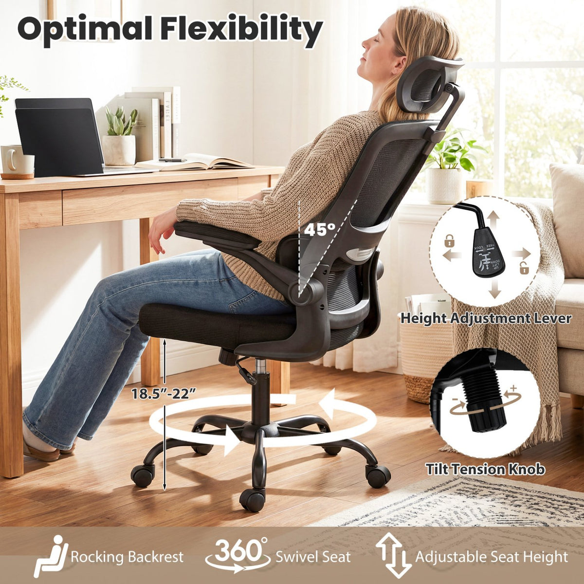 Mesh Office Chair with Adaptive Lumbar Support, Flip-up Armrests, Reclining Backrest-Black view 8