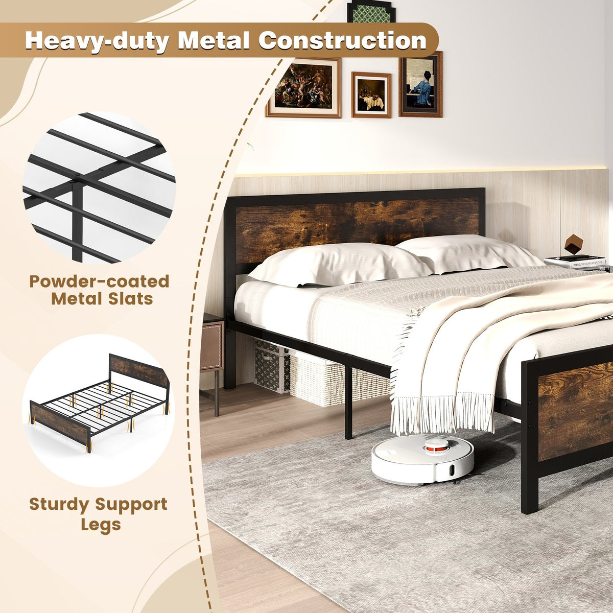 Metal Bed Frame with Headboard and Footboard-Queen Size view 6
