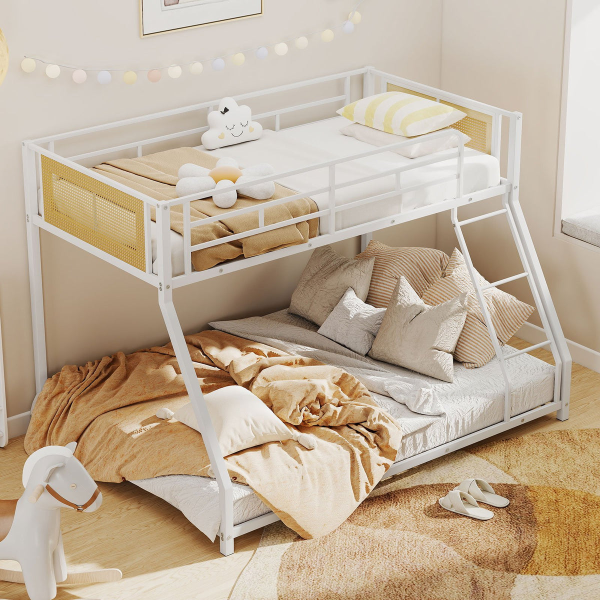 Metal Bunk Bed Twin Over Full with Full Length Safety Guardrail and Ramp Ladder-White view 2