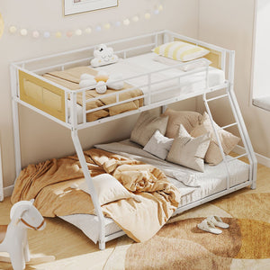 Metal Bunk Bed Twin Over Full with Full Length Safety Guardrail and Ramp Ladder-White view 2