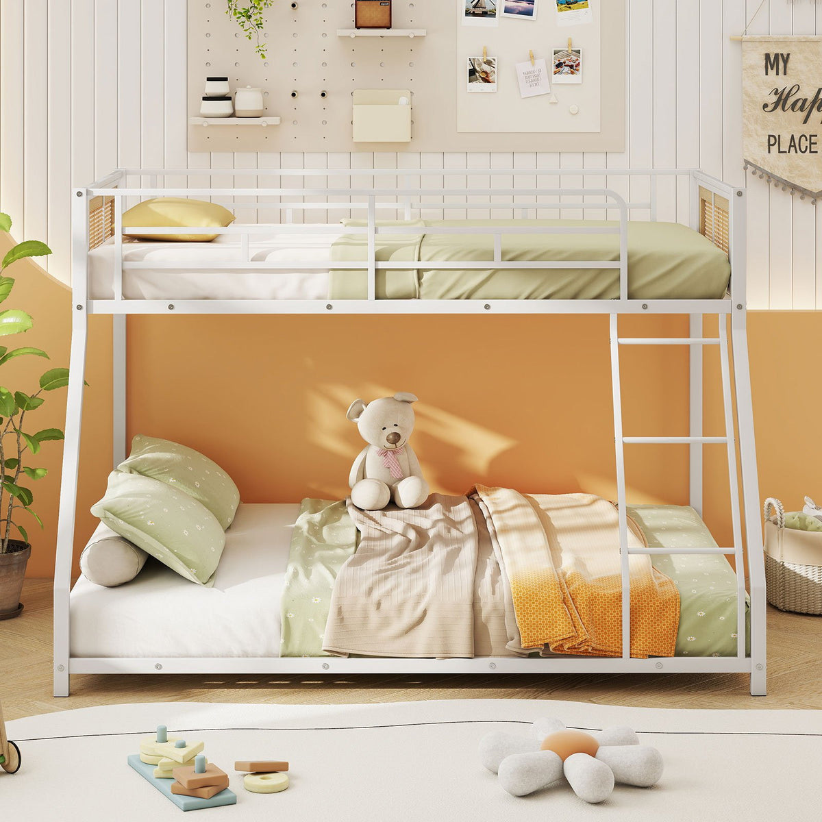 Metal Bunk Bed Twin Over Full with Full Length Safety Guardrail and Ramp Ladder-White view 3