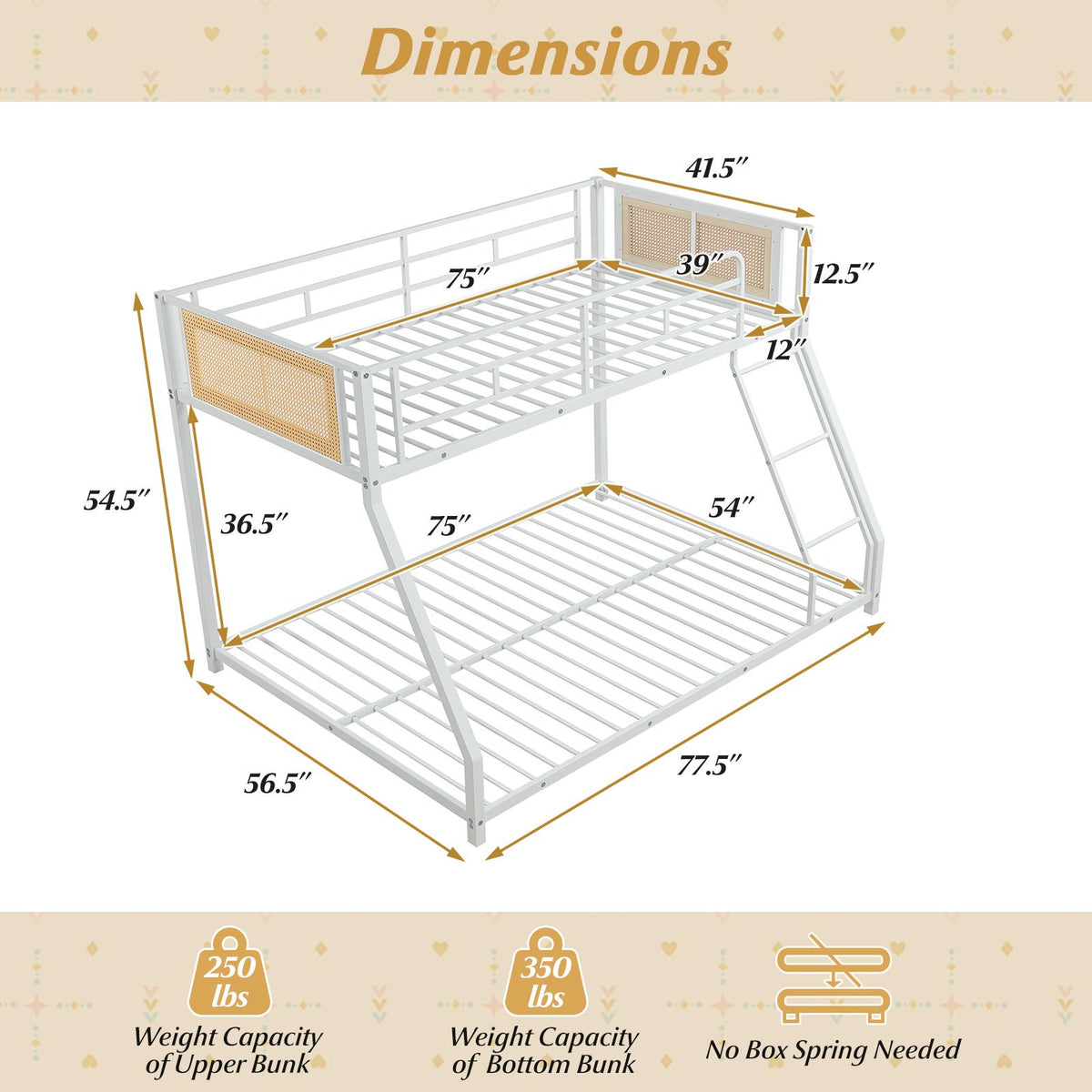 Metal Bunk Bed Twin Over Full with Full Length Safety Guardrail and Ramp Ladder-White view 5