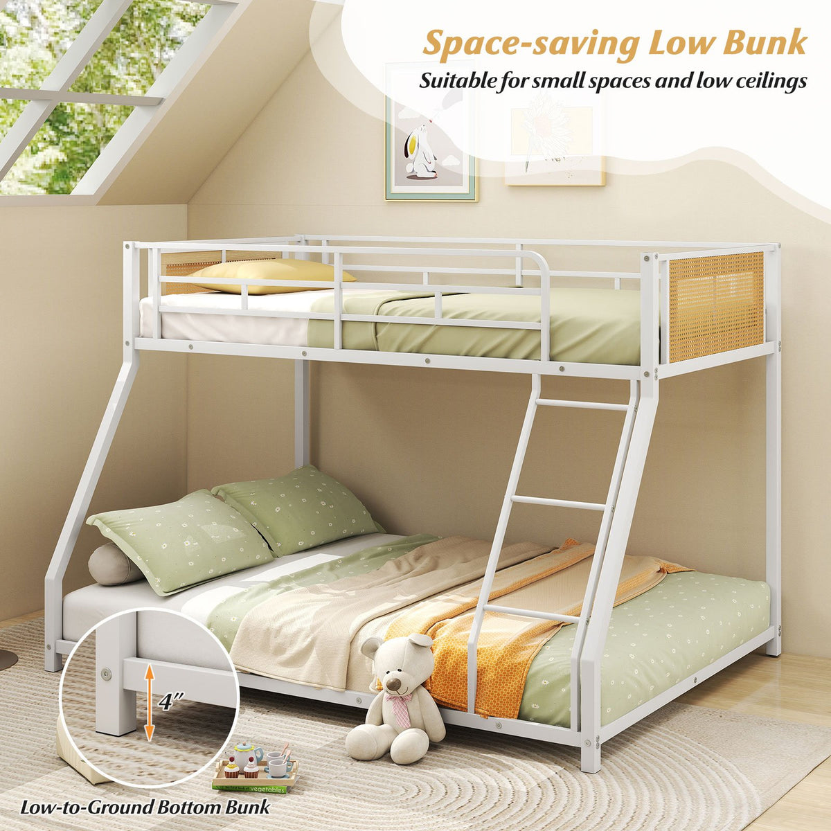 Metal Bunk Bed Twin Over Full with Full Length Safety Guardrail and Ramp Ladder-White view 6