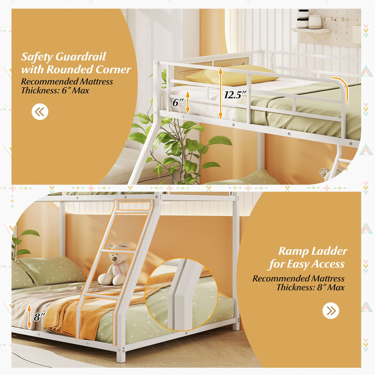 Metal Bunk Bed Twin Over Full with Full Length Safety Guardrail and Ramp Ladder-White view 7