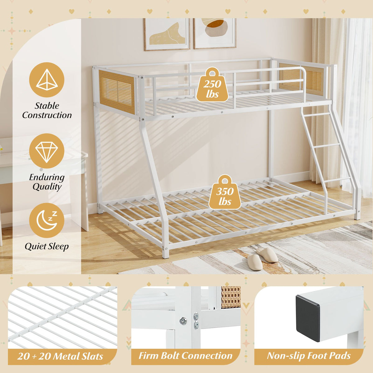 Metal Bunk Bed Twin Over Full with Full Length Safety Guardrail and Ramp Ladder-White view 9