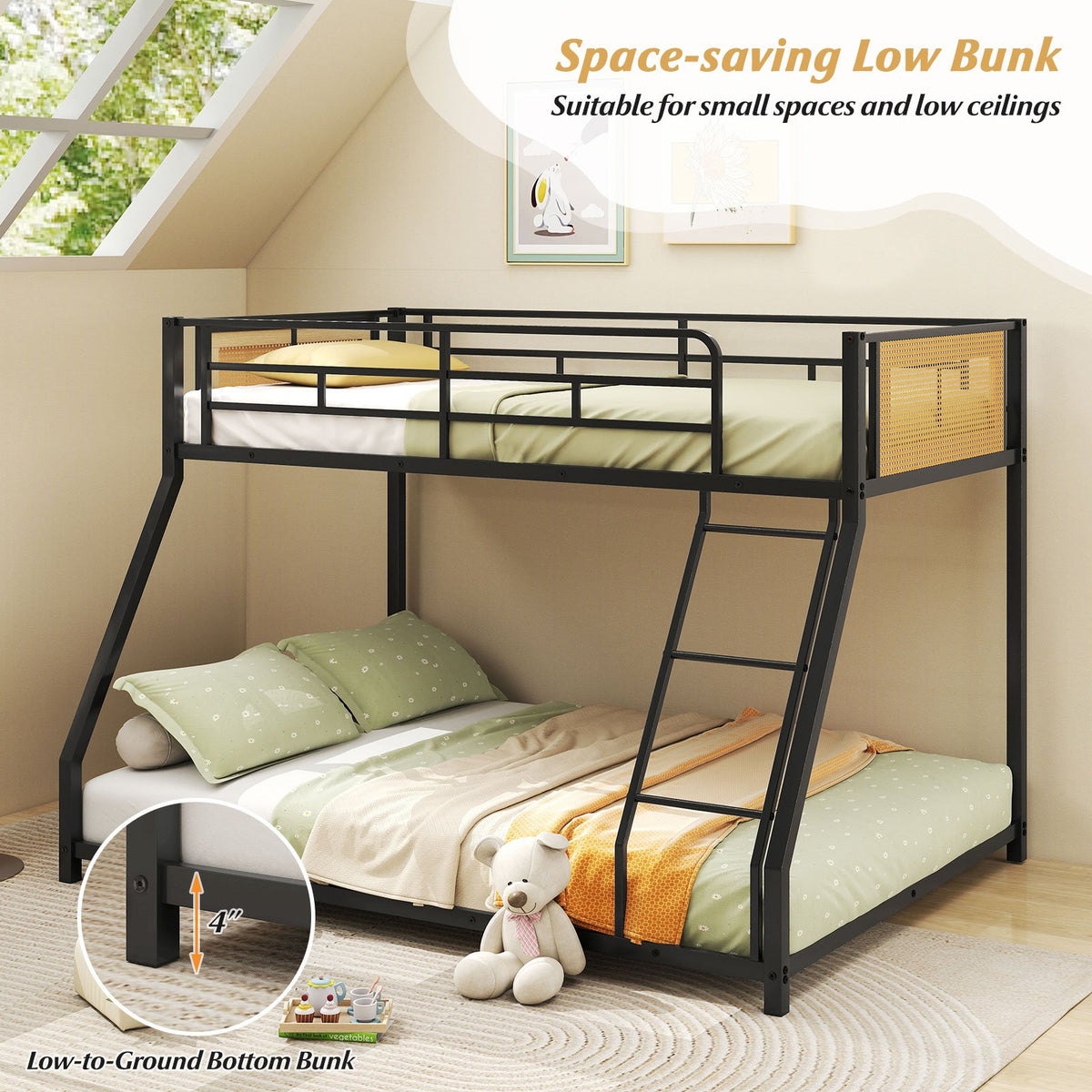 Metal Bunk Bed Twin Over Full with Full Length Safety Guardrail and Ramp Ladder-Black view 6