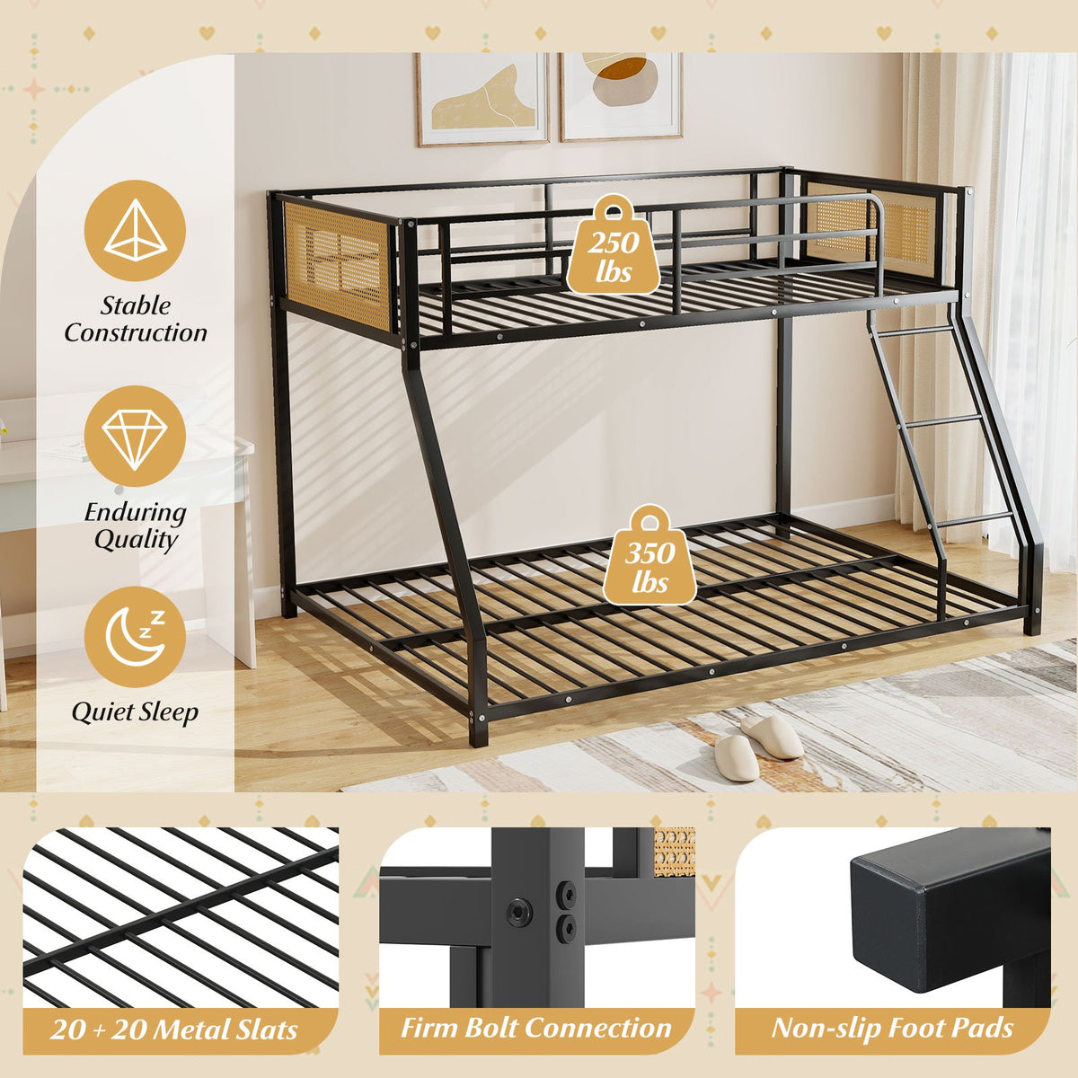 Metal Bunk Bed Twin Over Full with Full Length Safety Guardrail and Ramp Ladder-Black view 9