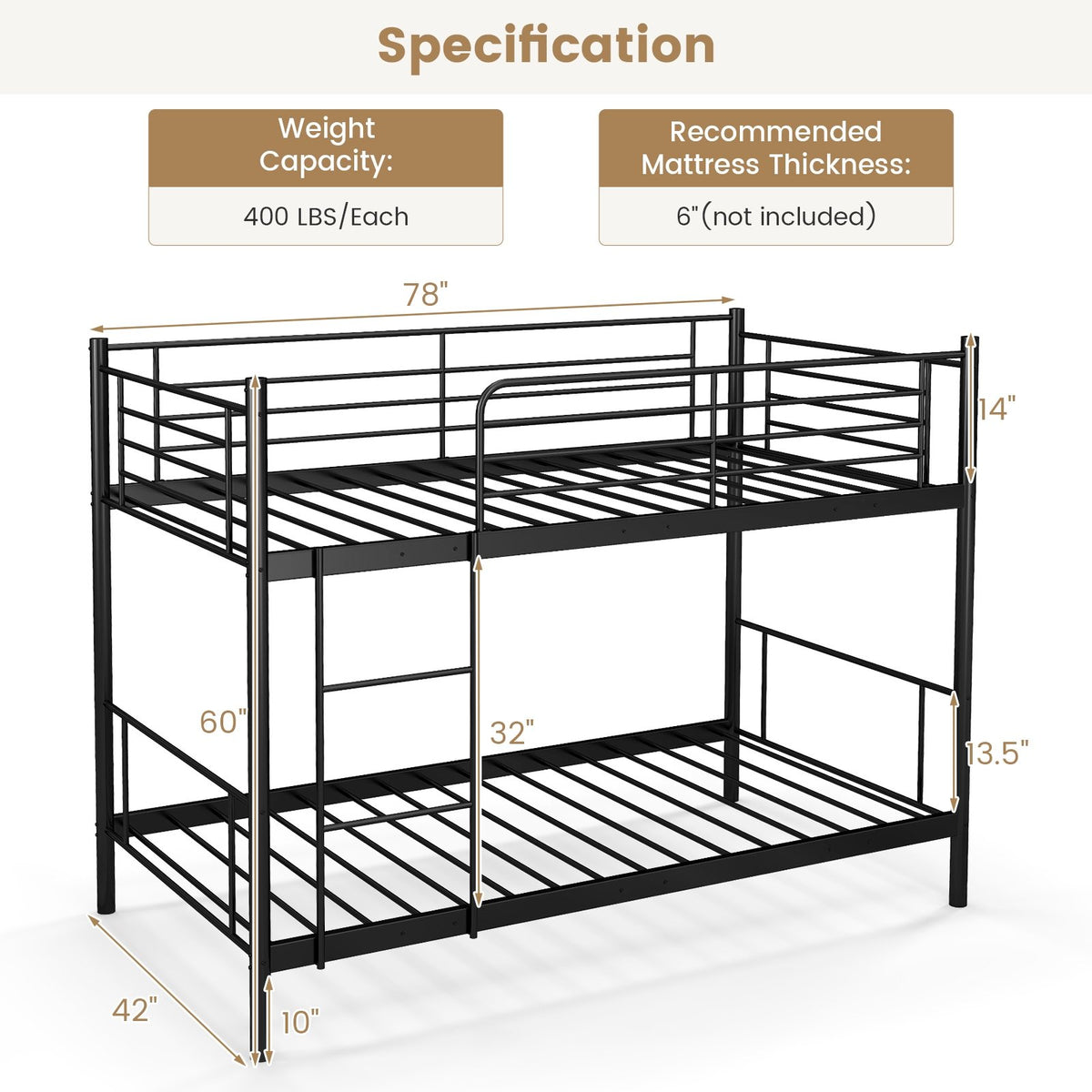 Metal Bunk Bed with Ladder and Full-length Guardrails-Black view 5