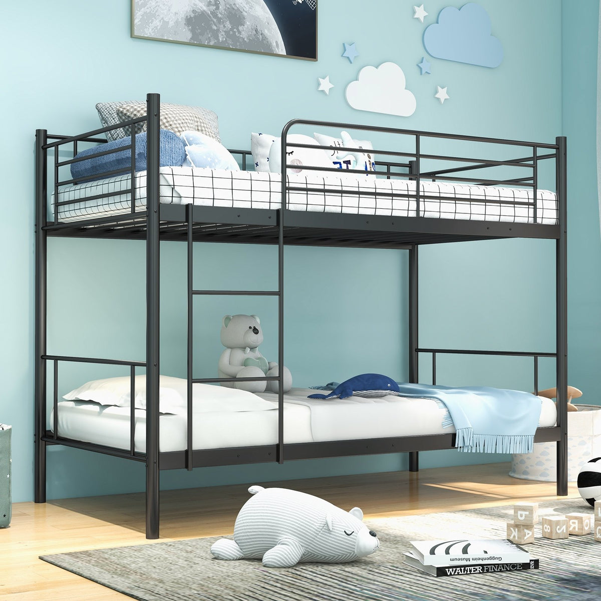 Metal Bunk Bed with Ladder and Full-length Guardrails-Black view 6