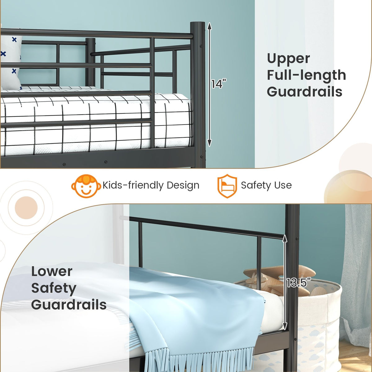 Metal Bunk Bed with Ladder and Full-length Guardrails-Black view 8