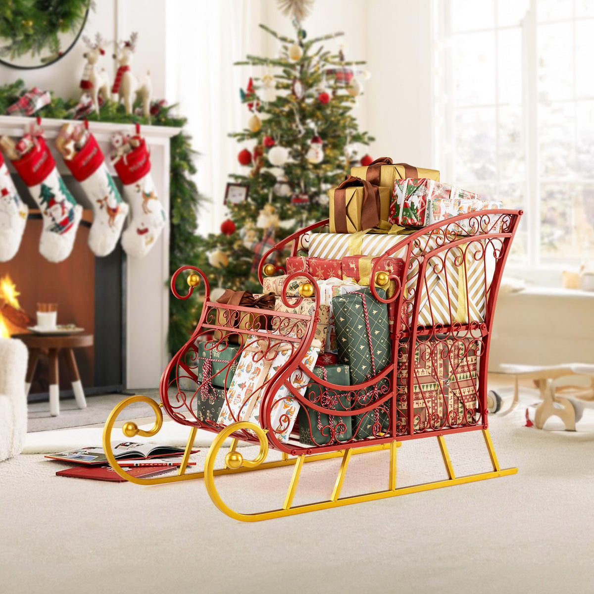 Metal Christmas Santa Sleigh Basket 2-Tier Xmas Santa's Gift Storage Sleigh view 6