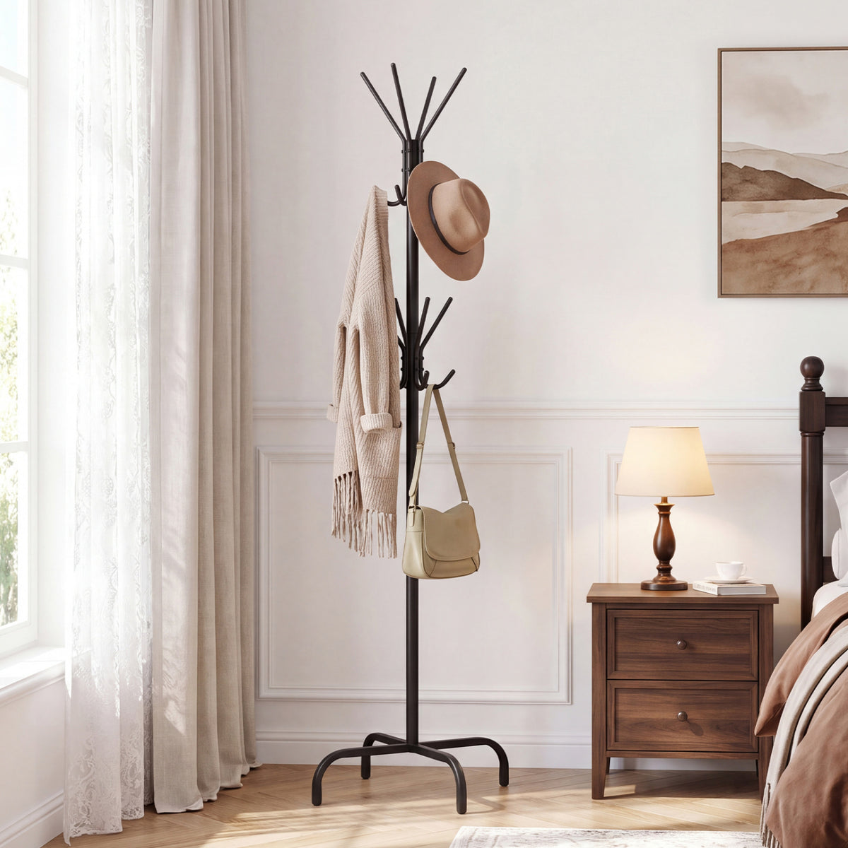 Metal Coat Rack Freestanding with 16 Hooks and 4 Legs for Entryway Office Bedroom-Black view 2