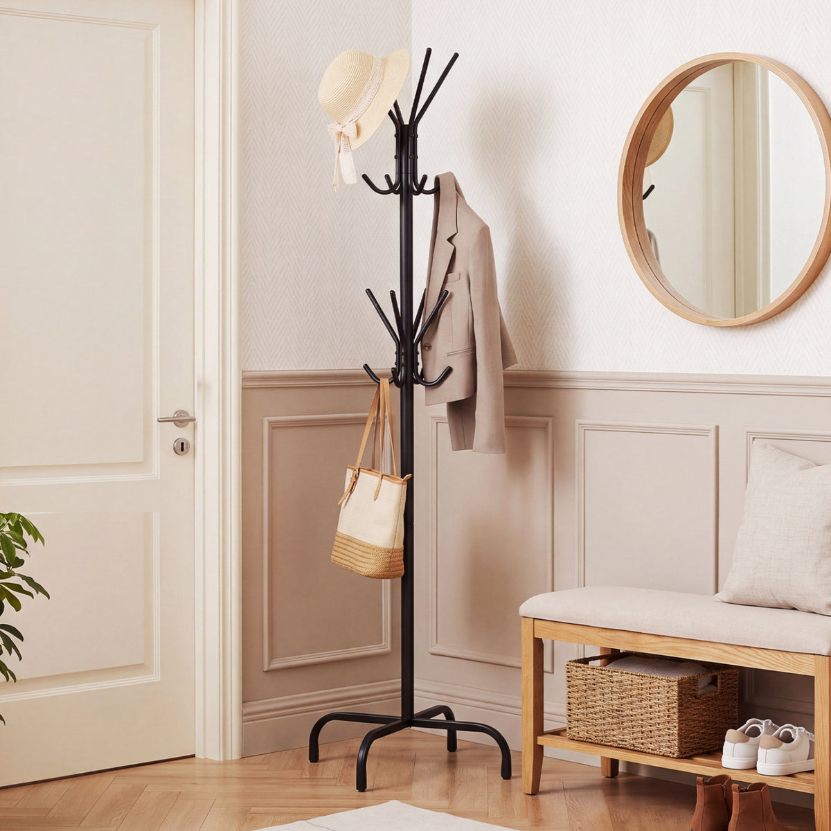 Metal Coat Rack Freestanding with 16 Hooks and 4 Legs for Entryway Office Bedroom-Black view 3