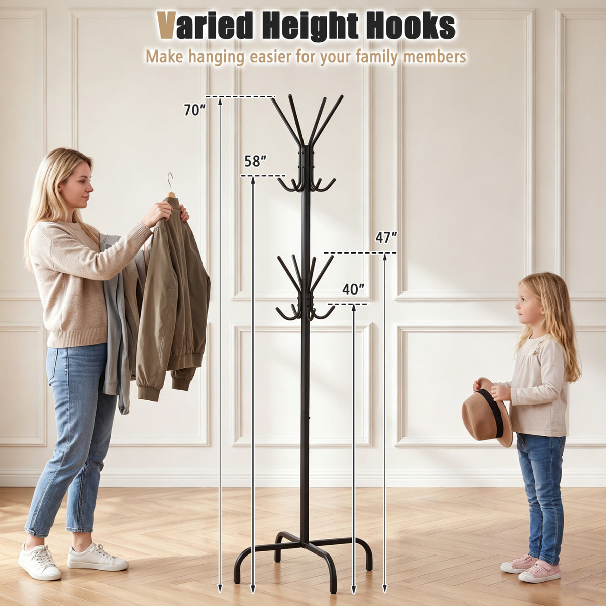 Metal Coat Rack Freestanding with 16 Hooks and 4 Legs for Entryway Office Bedroom-Black view 6