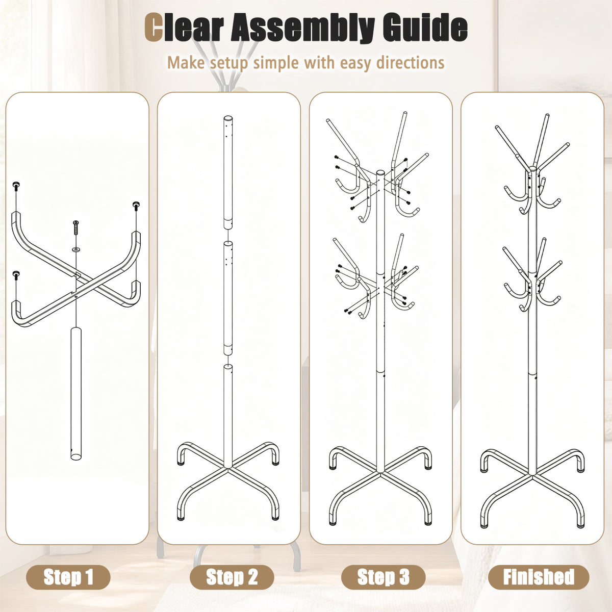 Metal Coat Rack Freestanding with 16 Hooks and 4 Legs for Entryway Office Bedroom-Black view 7