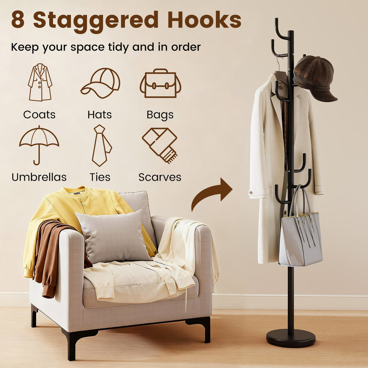 Metal Coat Rack Stand with 8 Sturdy Hooks and Metal Base view 7