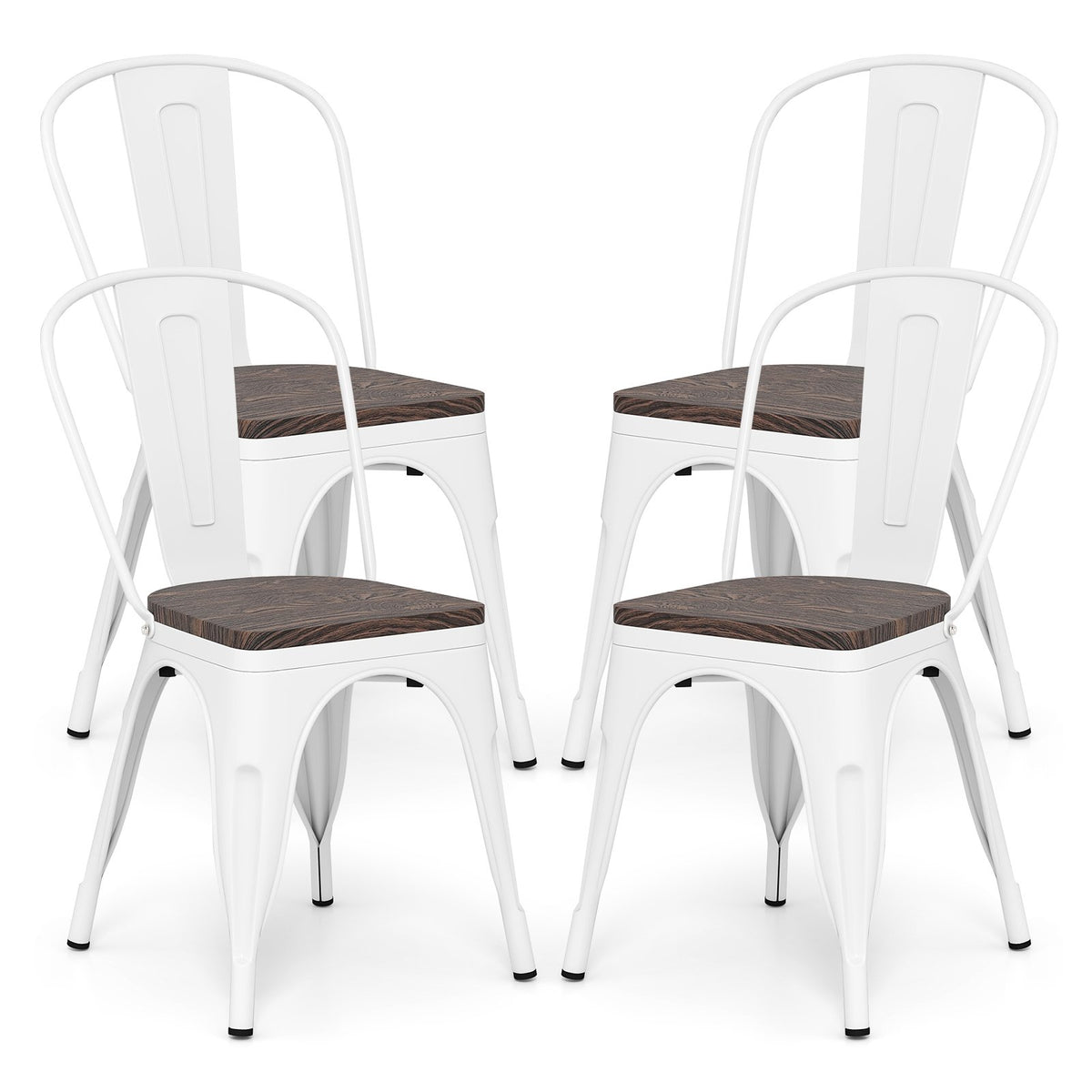 Metal Dining Chairs Set of 4 Stackable Kitchen Side Chairs with Wood Seat and Detachable High Backrest-White