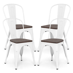 Metal Dining Chairs Set of 4 Stackable Kitchen Side Chairs with Wood Seat and Detachable High Backrest-White