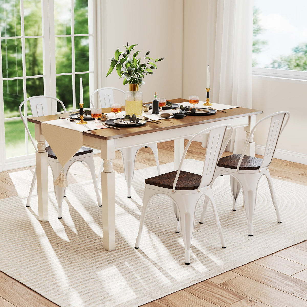 Metal Dining Chairs Set of 4 Stackable Kitchen Side Chairs with Wood Seat and Detachable High Backrest-White view 3