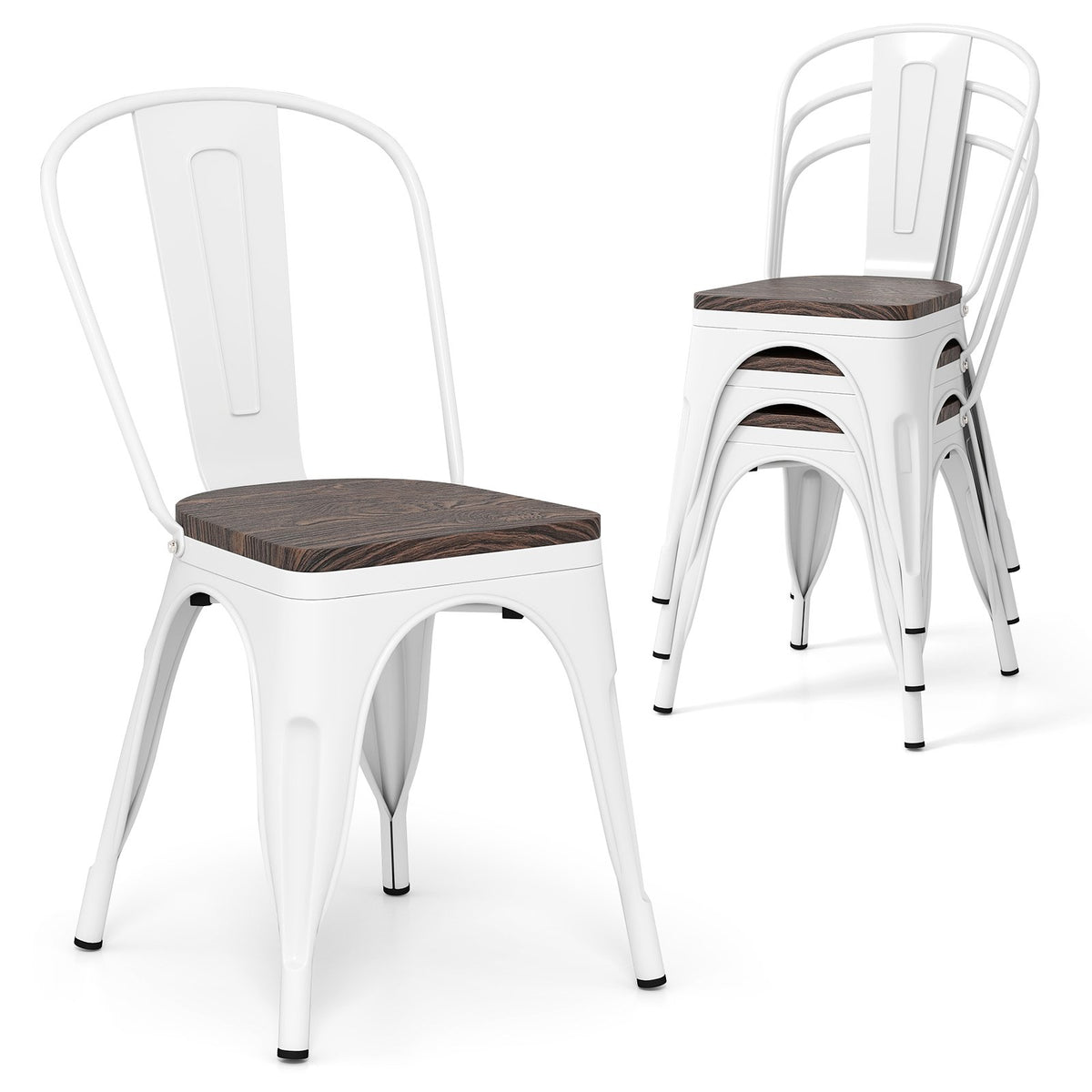 Metal Dining Chairs Set of 4 Stackable Kitchen Side Chairs with Wood Seat and Detachable High Backrest-White view 4